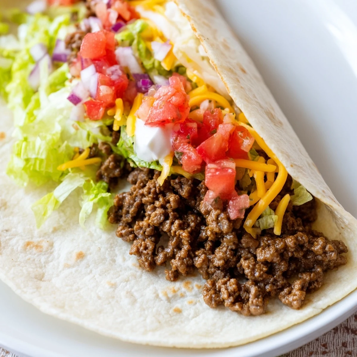 Ground beef tacos with soft tortillas, fresh salsa, and sour cream for weeknight dinner.