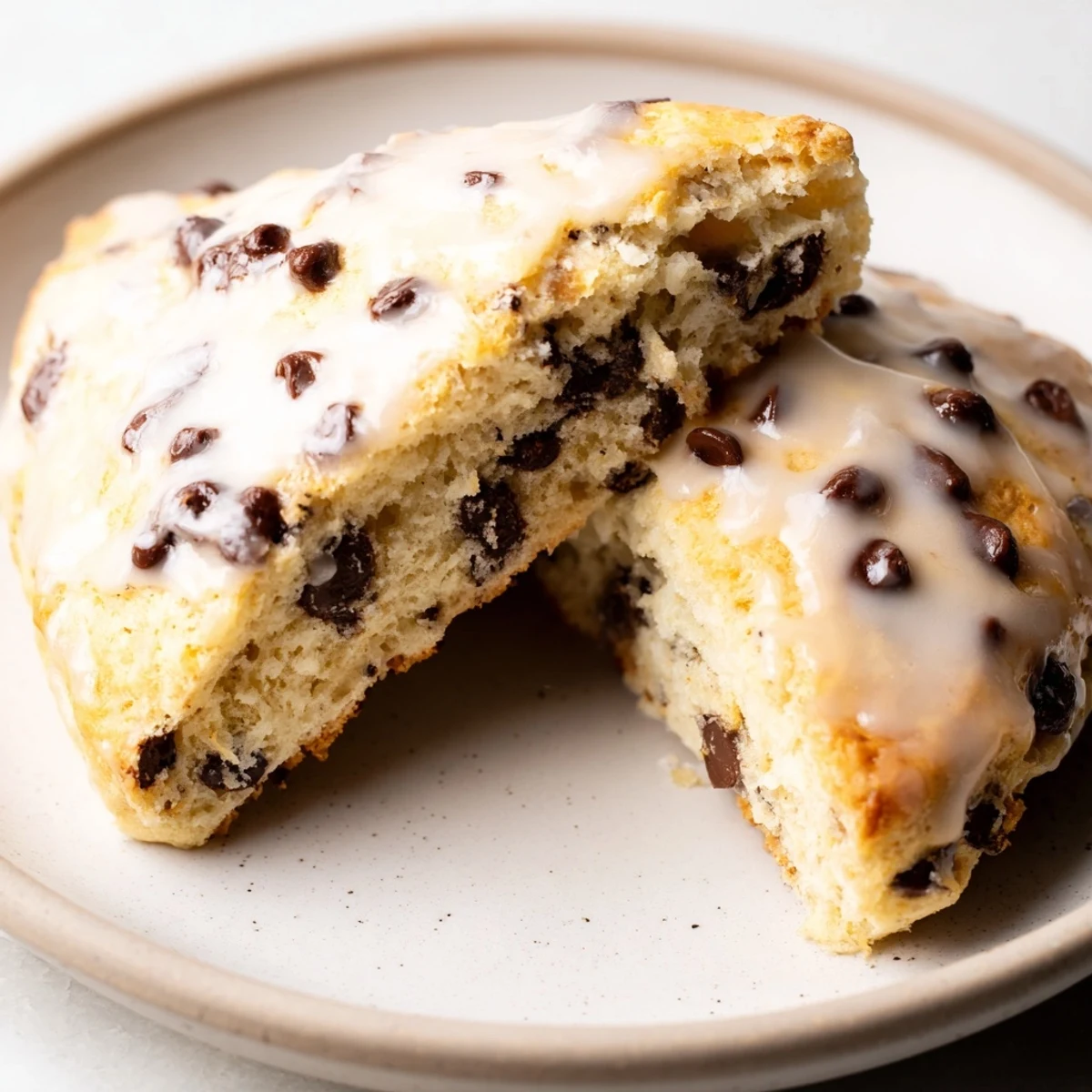 Freshly baked Chocolate Chip Scones with Vanilla Glaze, still warm from the oven, resting on a wooden board.