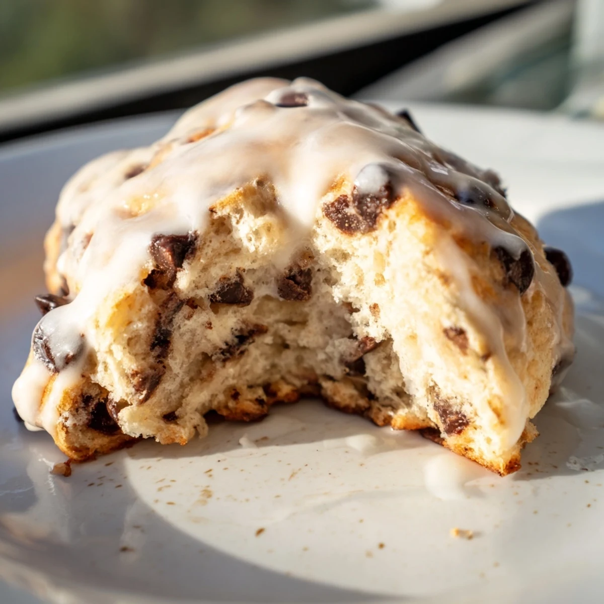 Eight golden-brown Chocolate Chip Scones drizzled with sweet vanilla glaze, arranged beautifully for a cozy breakfast table.