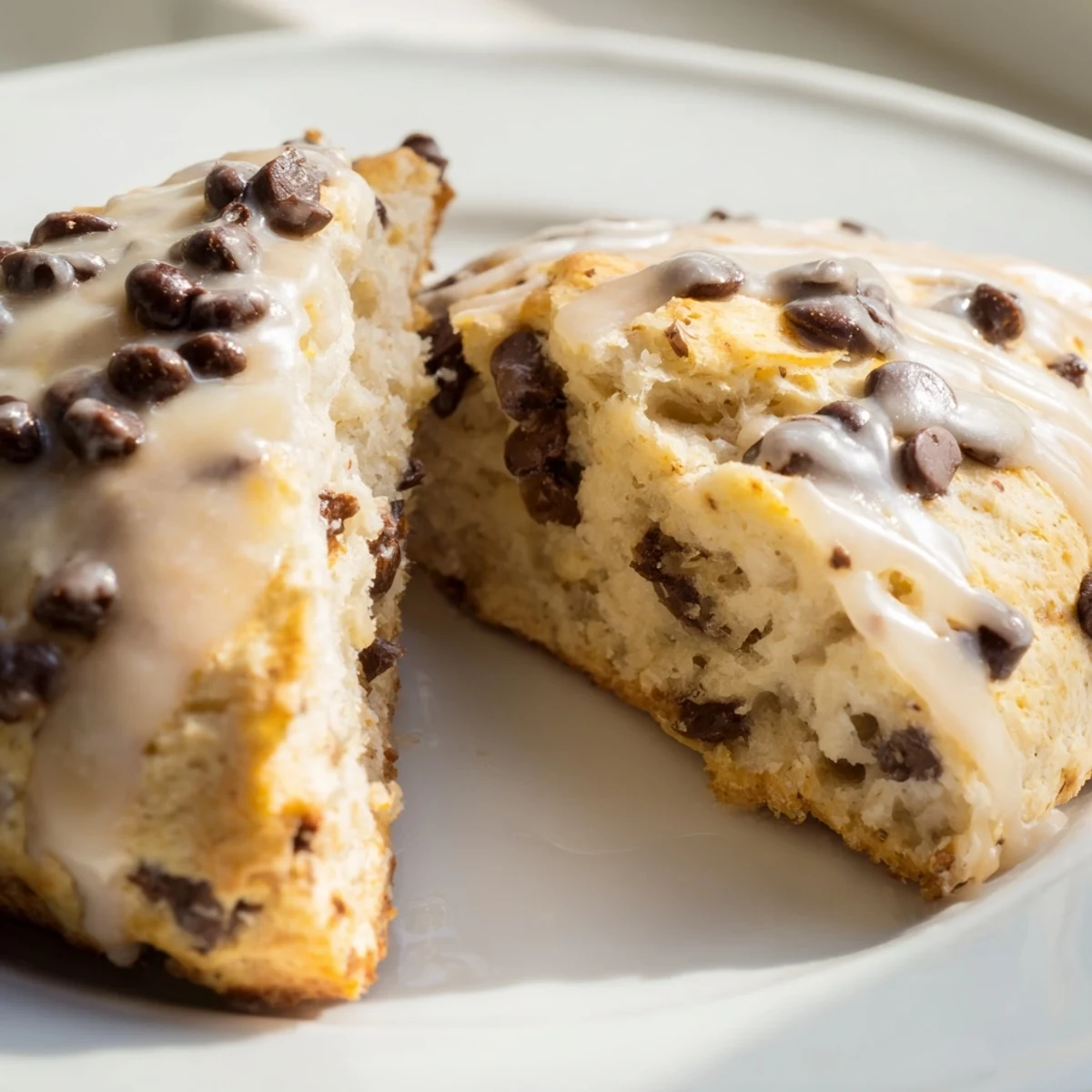 Homemade Chocolate Chip Scones with a crackly vanilla glaze, paired with a steaming cup of coffee in morning light.
