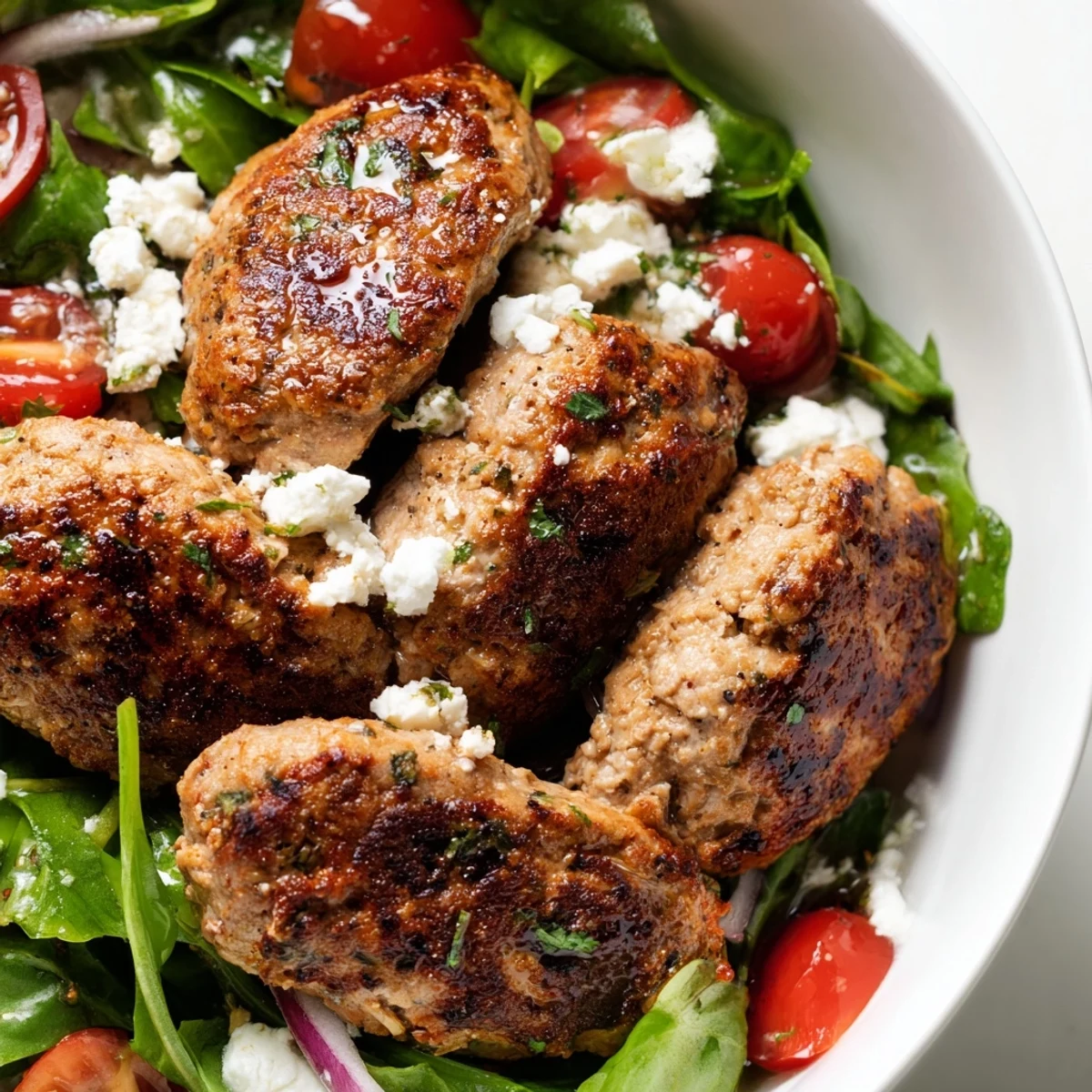 Freshly prepared Turkey Burger Salad Bowl with Vinaigrette includes tender turkey slices, cucumbers, and onions.