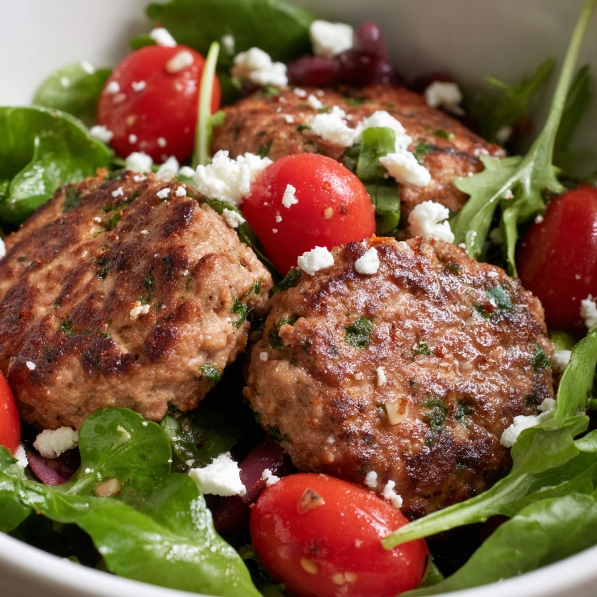 Turkey Burger Salad Bowl with Vinaigrette featuring juicy sliced patties over crisp greens, avocado, and tomatoes.