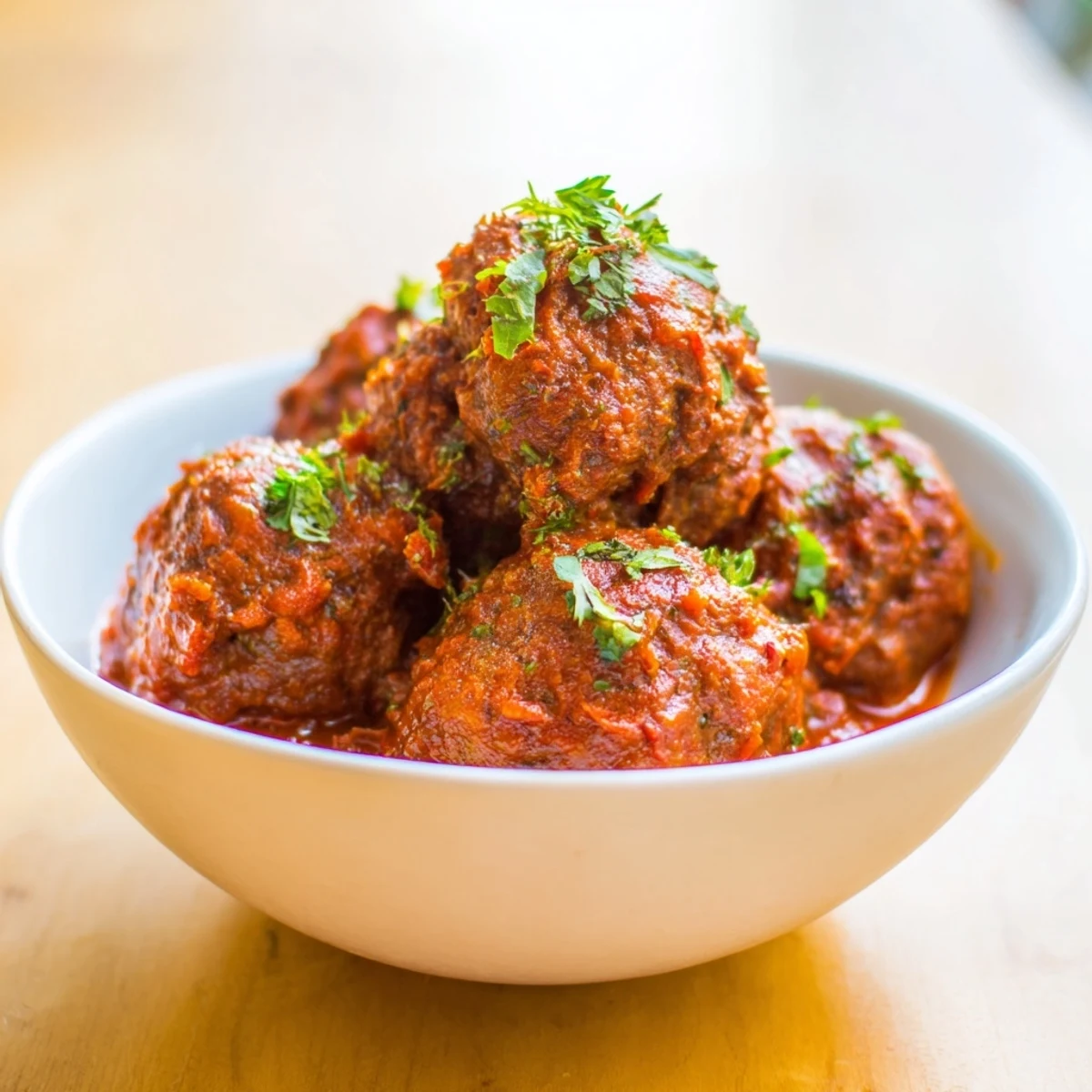 A close-up of Spiced Lamb Meatballs simmering in a rich, chunky tomato sauce garnished with fresh mint.