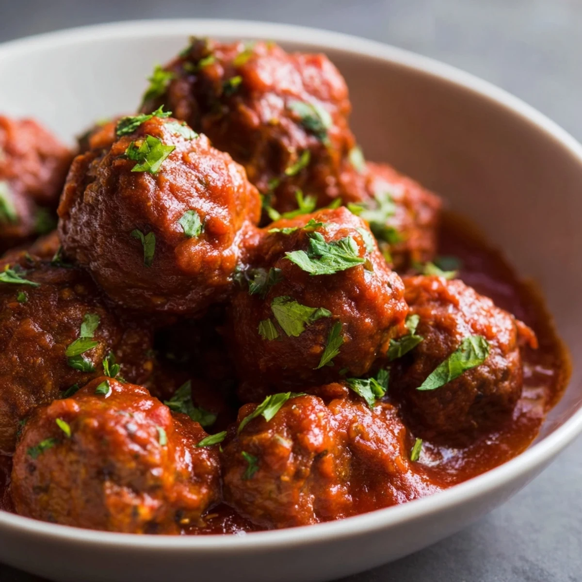 Freshly baked Spiced Lamb Meatballs topped with herbs in a warm skillet, ready to be enjoyed with pita.