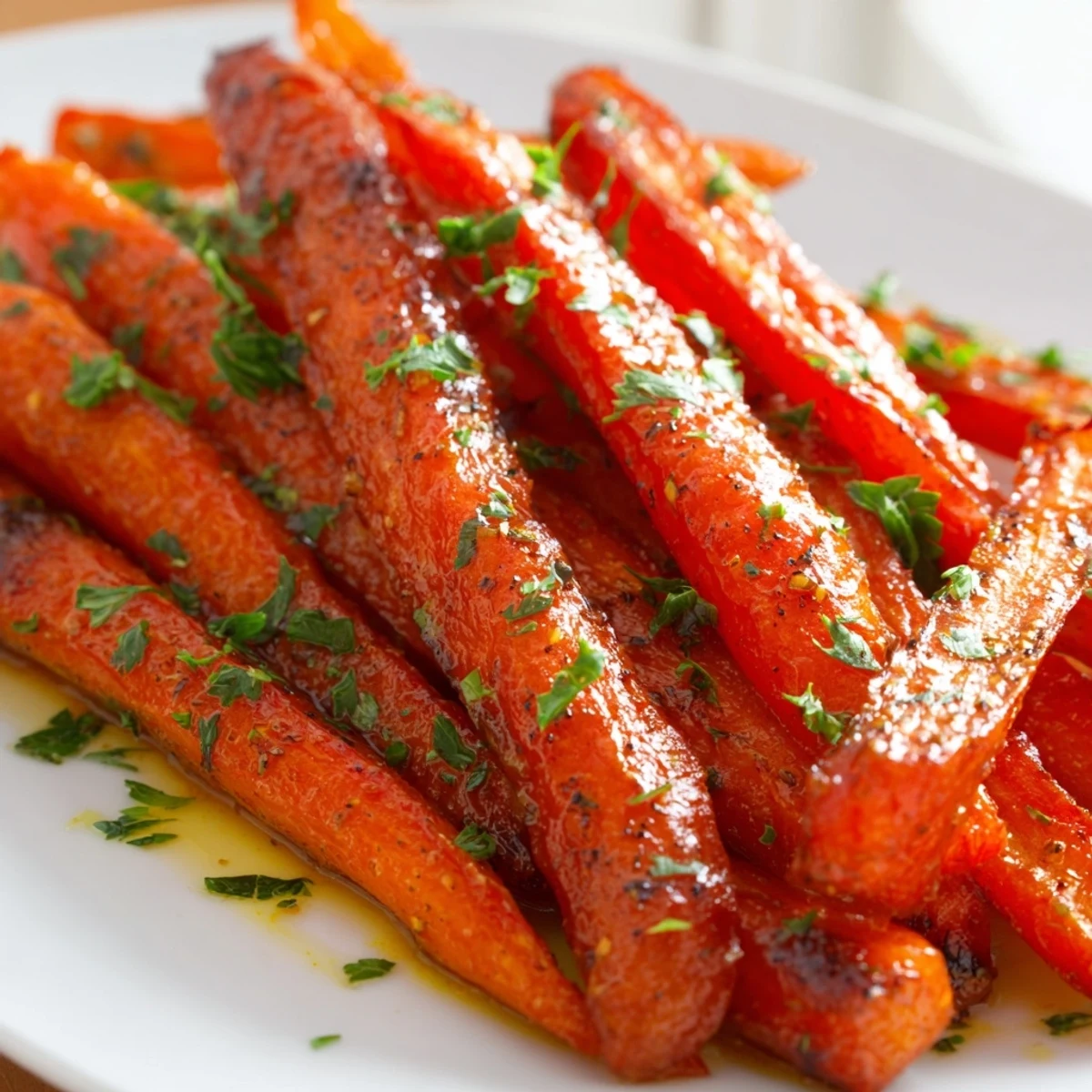 Golden Roasted Carrots with Honey and Cumin garnished with fresh parsley on a white platter.