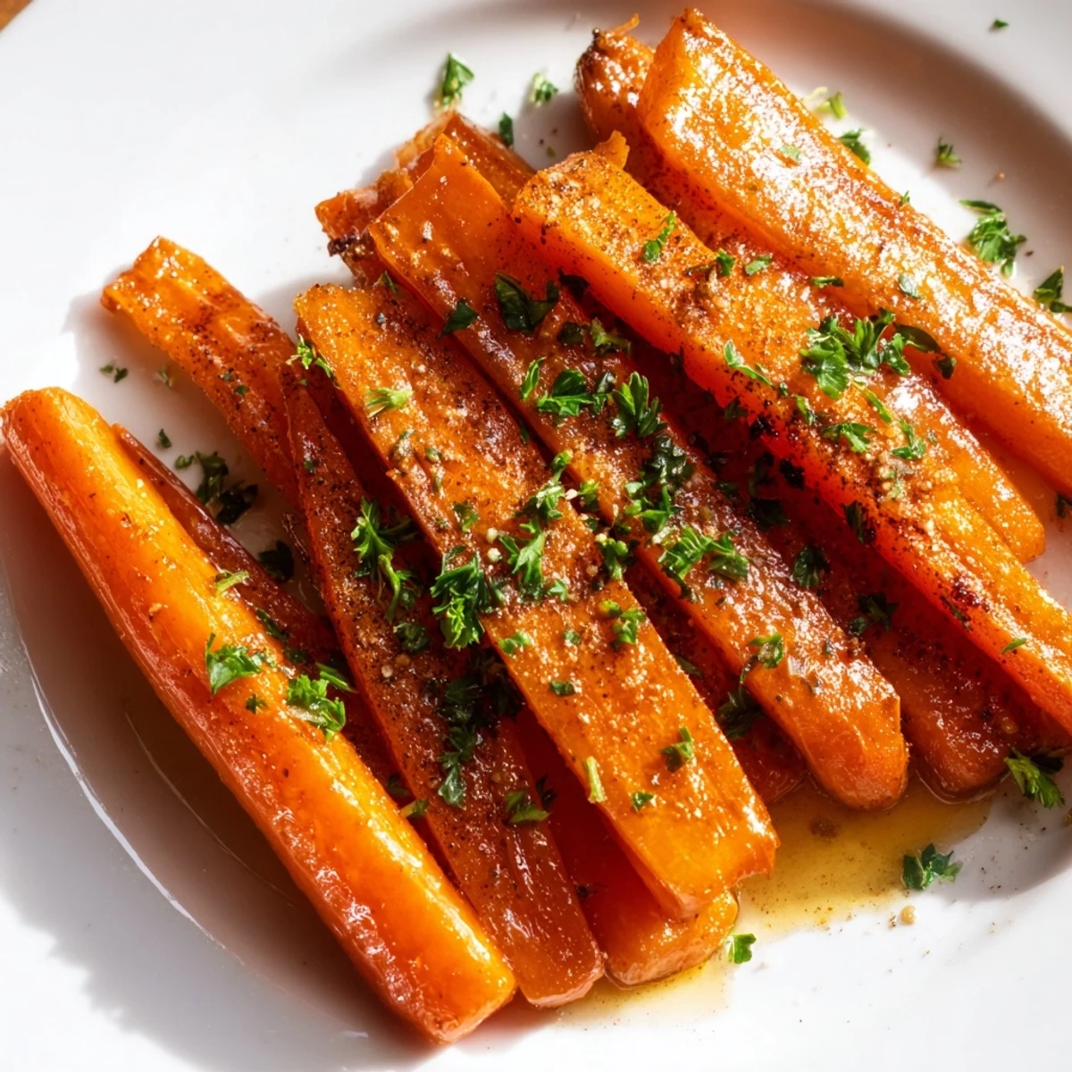 Glossy Roasted Carrots with Honey and Cumin featuring caramelized edges and a drizzle of lemon juice.