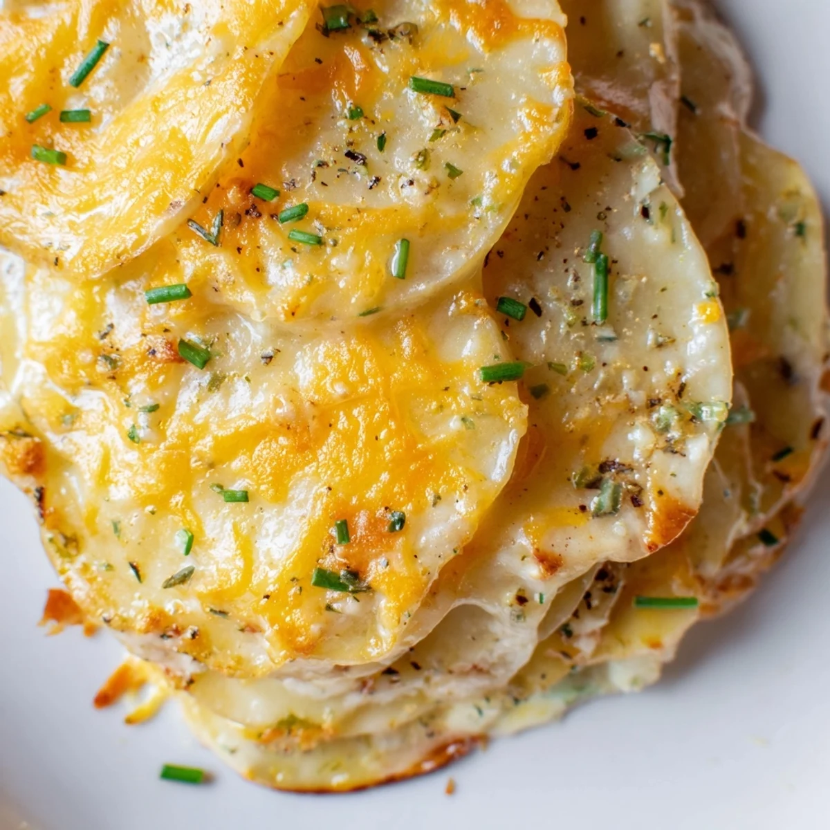 Golden, bubbly Cheesy Scalloped Potatoes with Cream bake in a dish, topped with fresh chives and ready to serve.