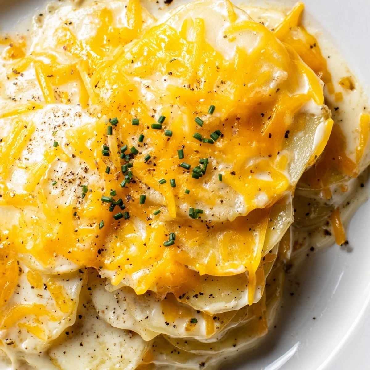 Layers of tender russet potatoes and sharp cheddar in a creamy sauce make this Cheesy Scalloped Potatoes with Cream a comforting side.