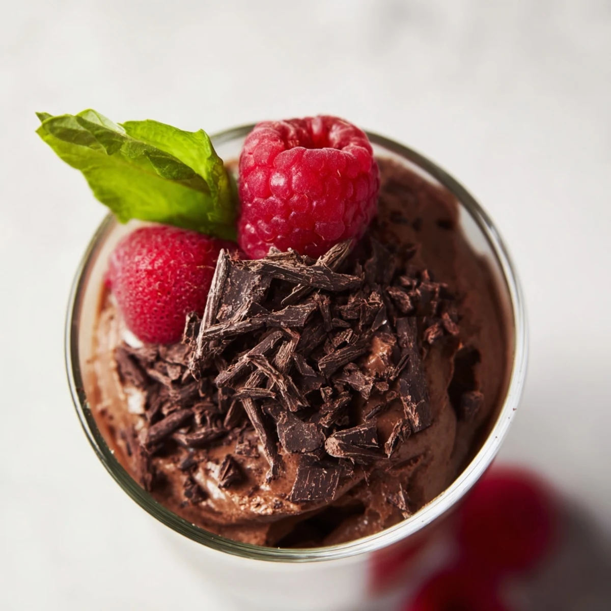 Six elegant Chocolate Mousse Cups with Raspberries, garnished with fresh mint, served in crystal dessert glasses.