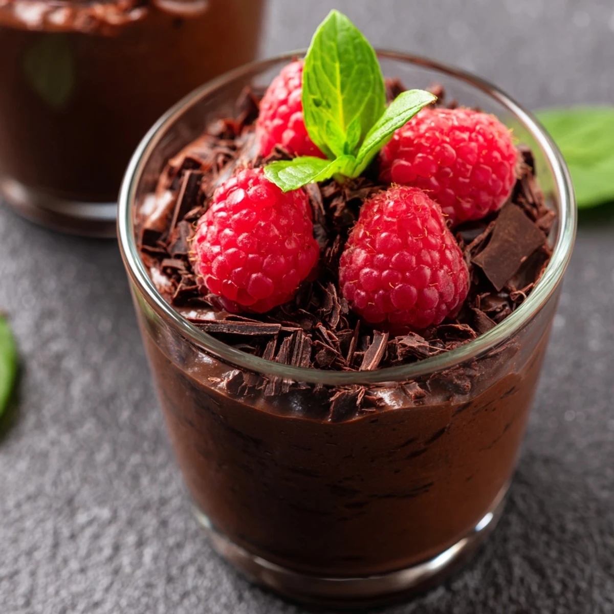 Decadent dark chocolate mousse cups topped with tart fresh raspberries and shaved chocolate, ready to serve.