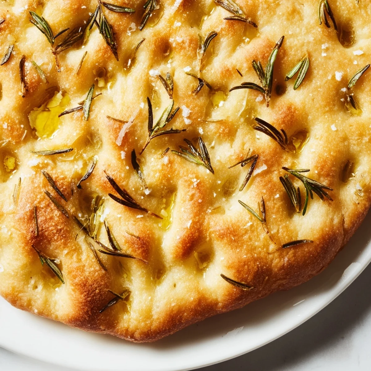 Golden-brown, dimpled Garlic Herb Focaccia Bread with Rosemary is drizzled with olive oil and sliced for serving.
