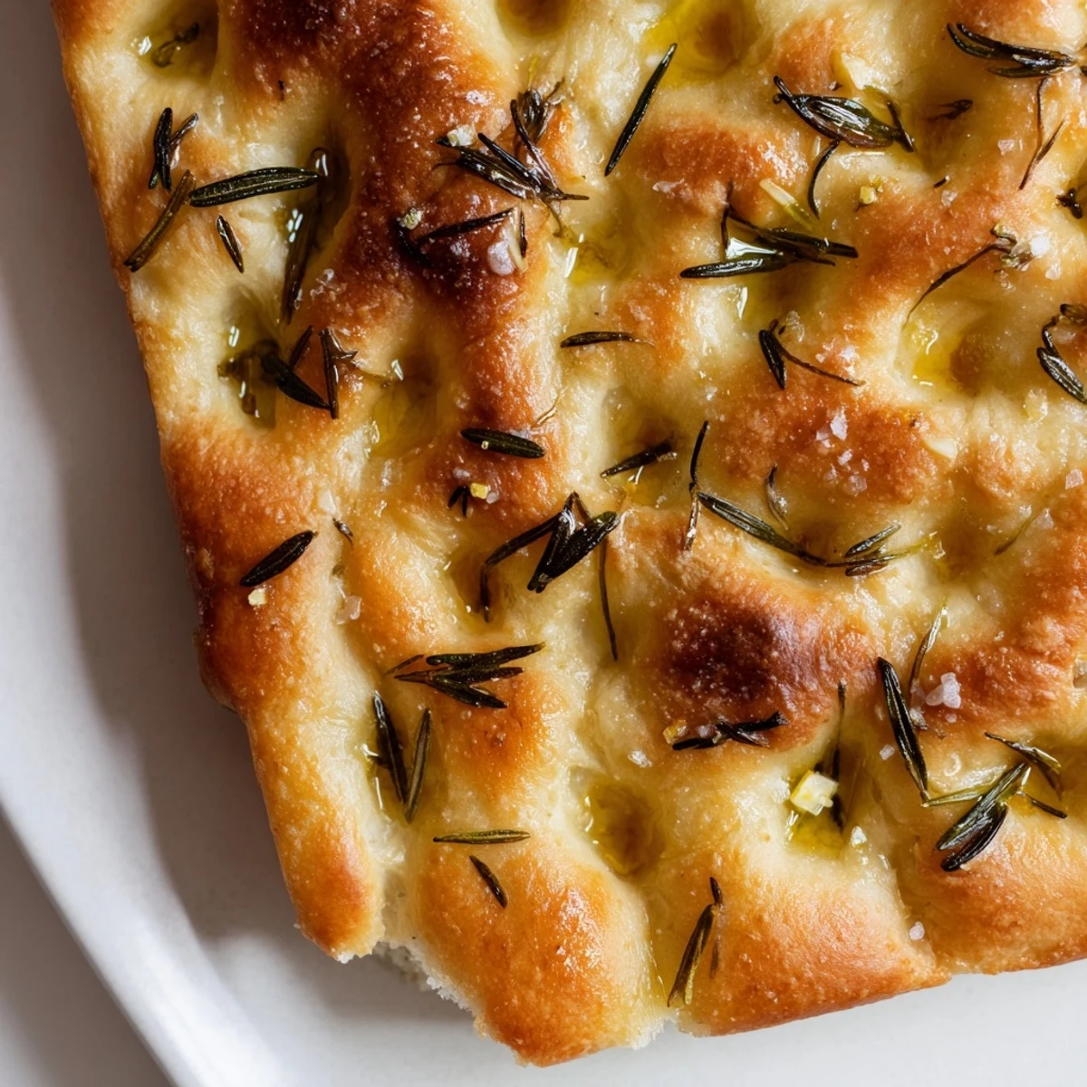 Fresh rosemary and minced garlic top this airy, oven-baked Italian flatbread resting on a wooden cutting board.