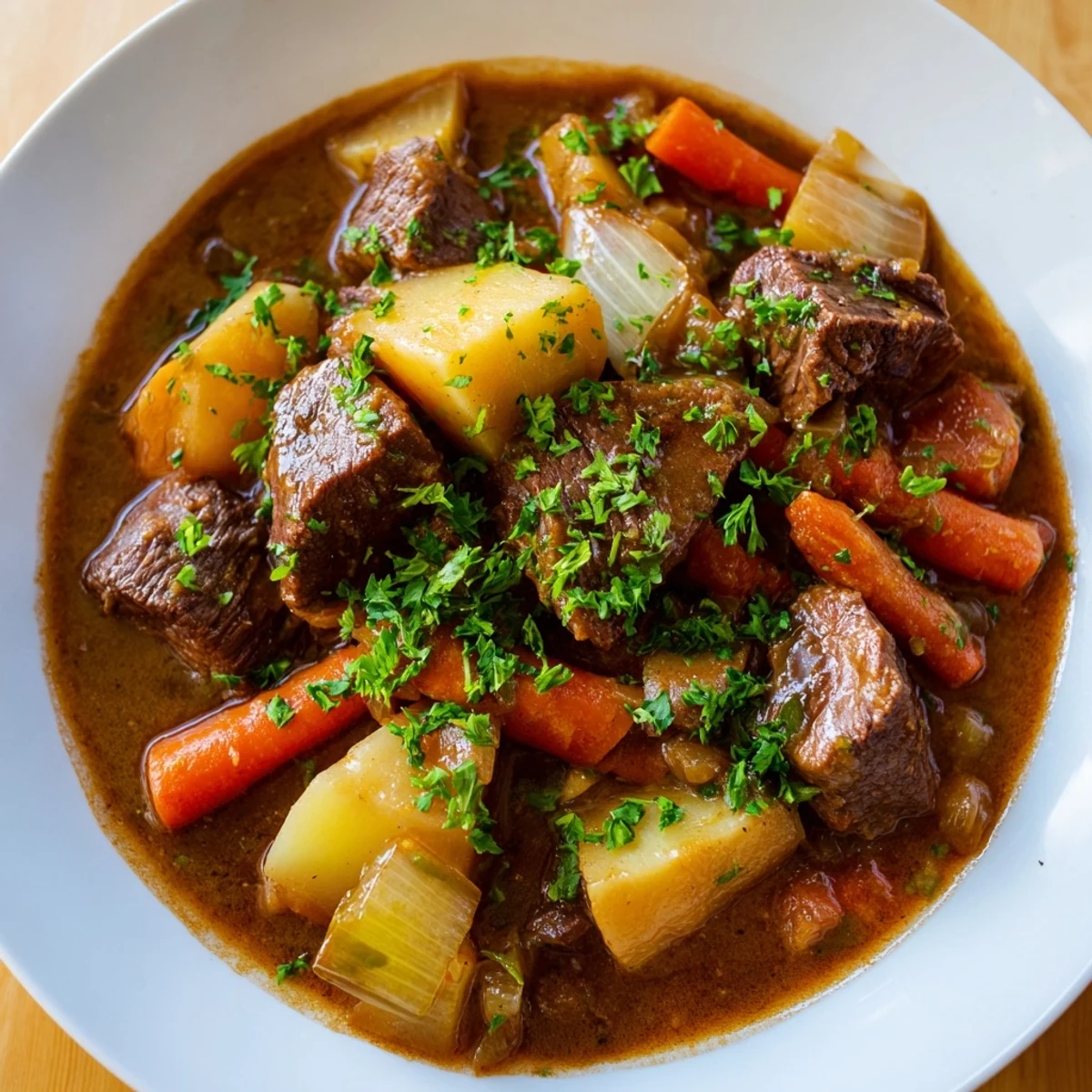Hearty Beef and Guinness-Style Alcohol-Free Stew served in a dark pot alongside crusty bread.