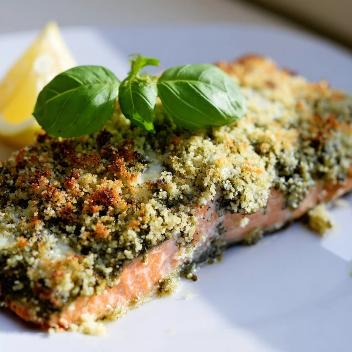 Perfectly baked salmon fillet coated in a vibrant green pesto crust, finished with fresh basil and lemon wedges on a baking sheet.