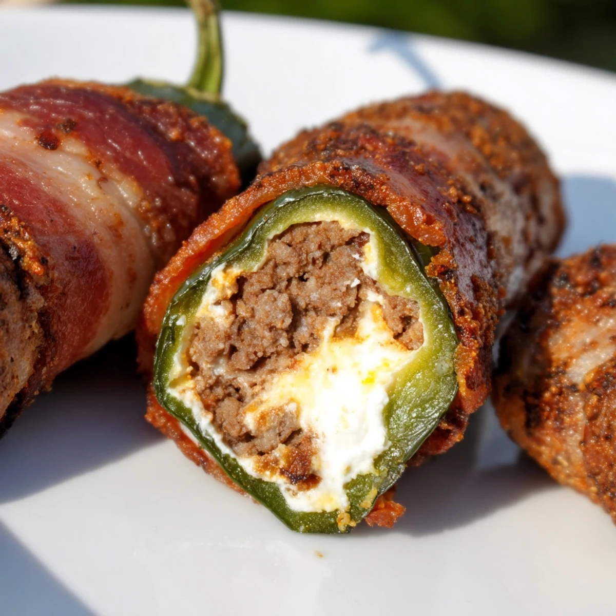 Hearty Spicy Jalapeno Poppers with Bacon Beef served on a white ceramic platter with creamy dipping sauce and fresh lime wedges.