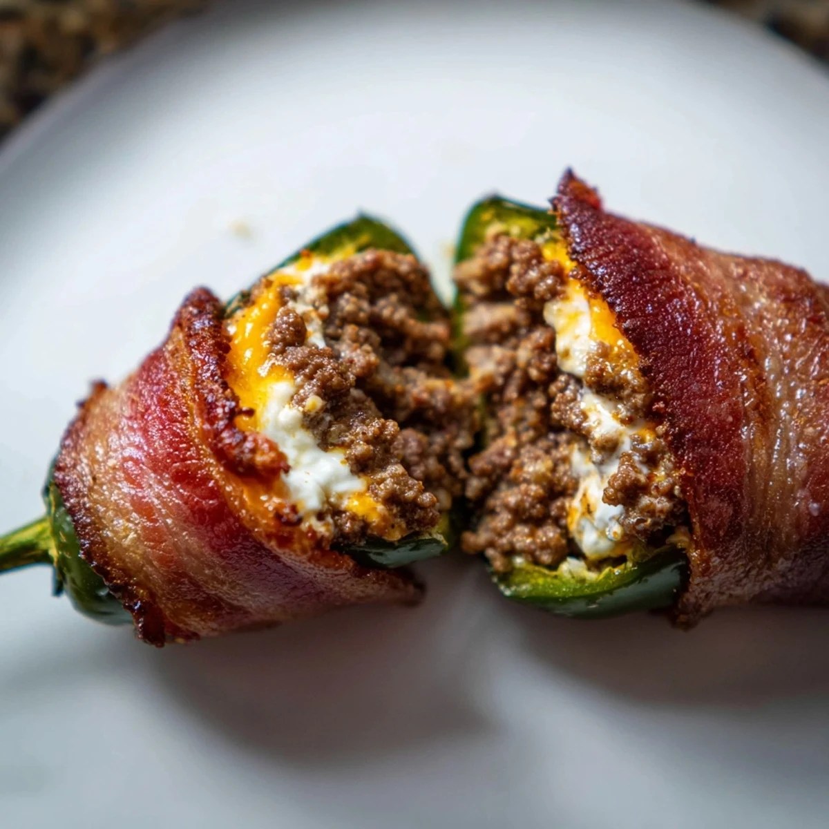 Freshly baked Spicy Jalapeno Poppers with Bacon Beef cooling on a wire rack, showing smoky bacon and melted cheese filling.