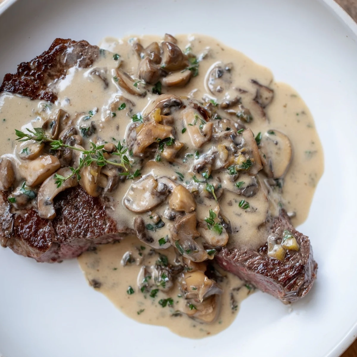 Golden sautéed mushrooms in velvety Creamy Mushroom Sauce for Steak, garnished with fresh parsley and ideal over mashed potatoes or noodles.