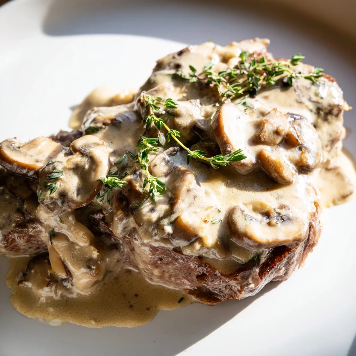 Rich and savory Creamy Mushroom Sauce for Steak being poured from a skillet, highlighting its thick texture and warm, comforting aroma.