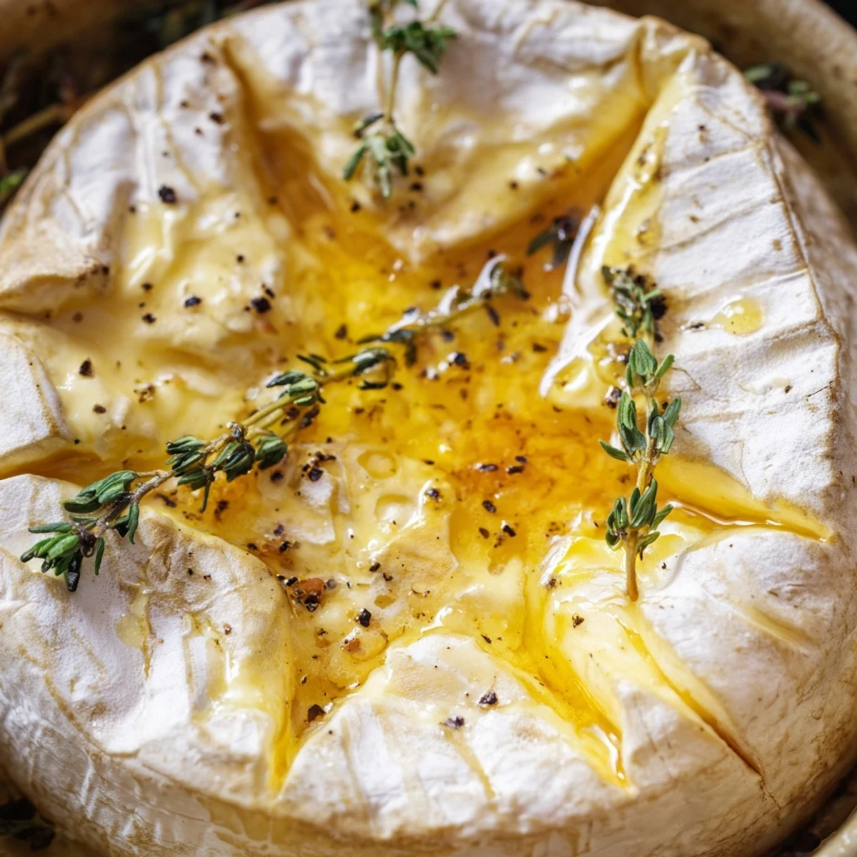 Golden Baked Cheese with Bread bubbling in a dish, topped with fresh thyme and a drizzle of honey. Toasted baguette slices surround the warm, gooey appetizer for dipping.