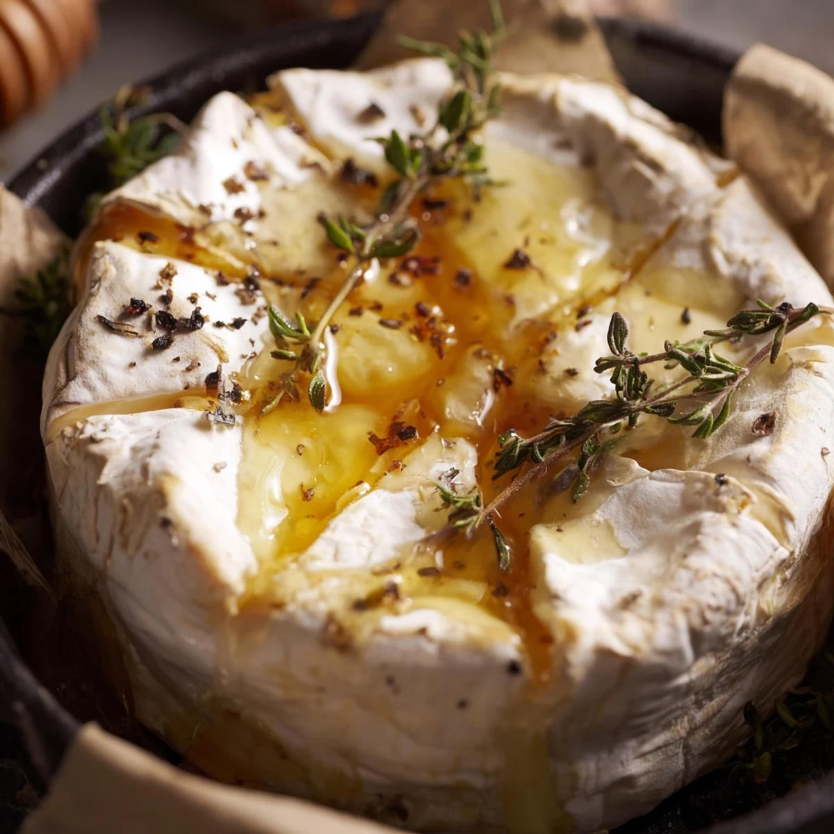 Serving Baked Cheese with Bread at a cozy gathering, with a small knife resting in the soft, warm cheese and a glass of white wine nearby.