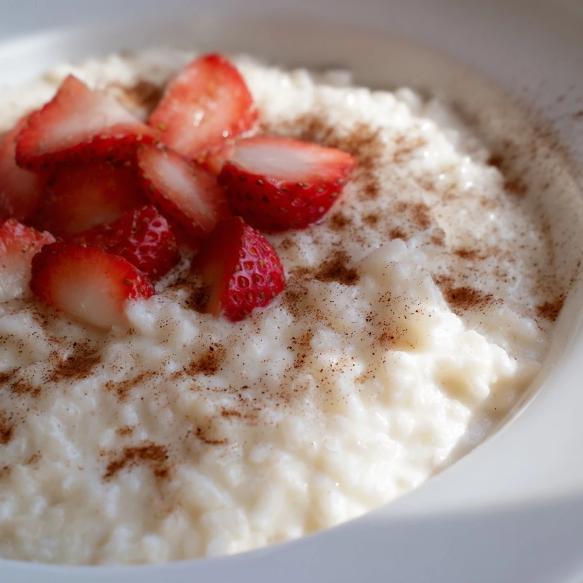 Steaming creamy rice with milk pudding served warm in a rustic bowl, perfect for a comforting dessert.