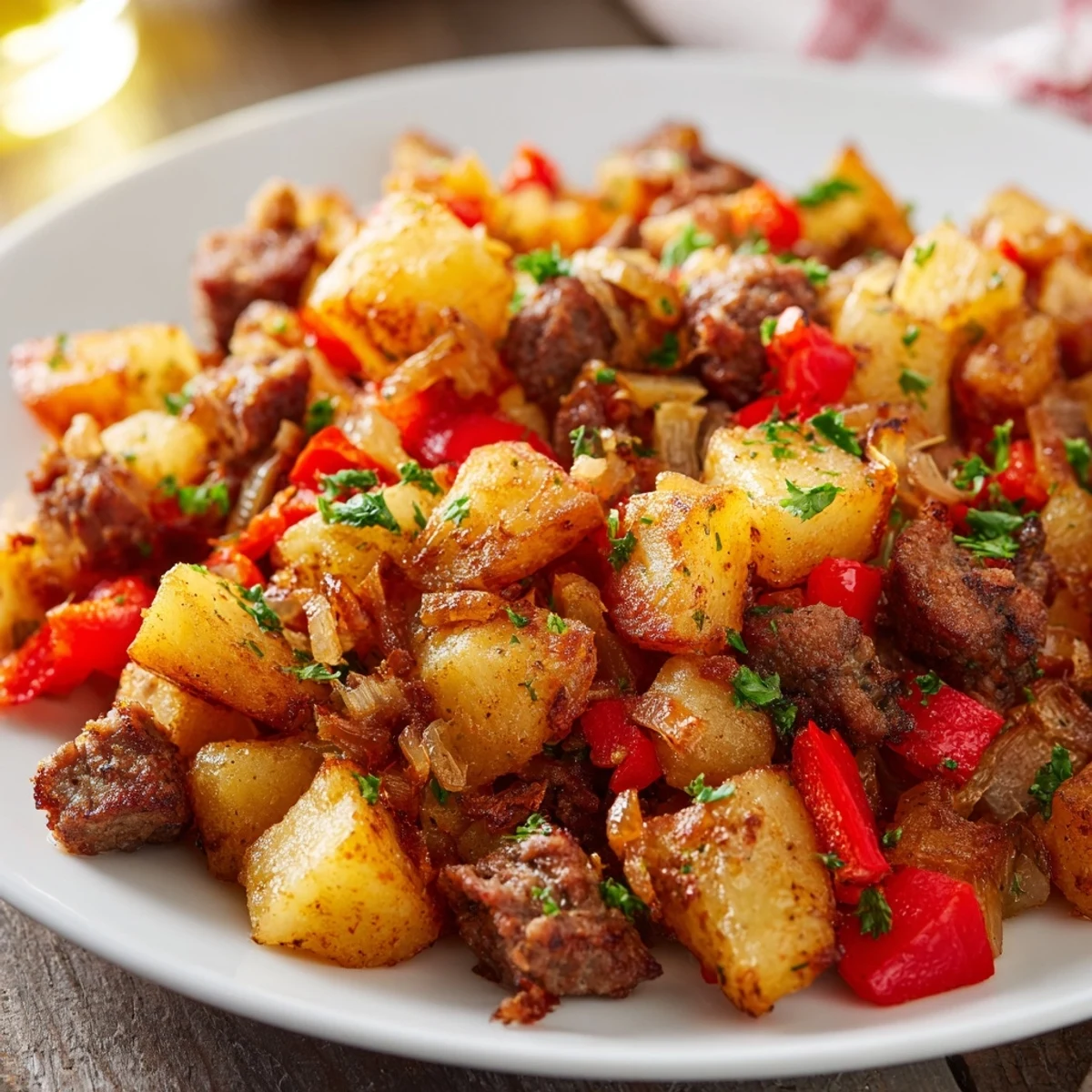 Golden brown beef hash with potatoes and bell peppers sizzling in a skillet, ready to serve for breakfast.