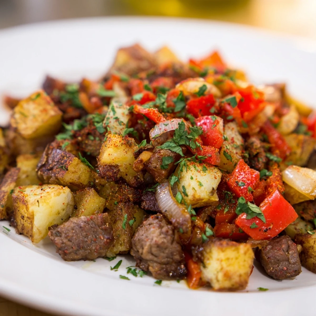 A hearty serving of beef hash topped with a sunny-side-up egg, fresh parsley, and rustic toast.