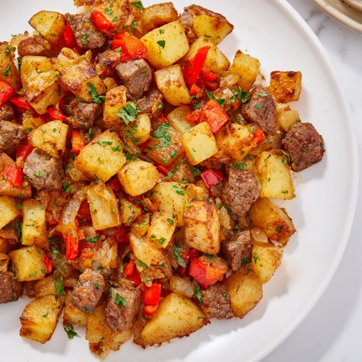 Close-up of savory beef hash with crispy diced potatoes and red bell peppers, a classic American skillet meal.