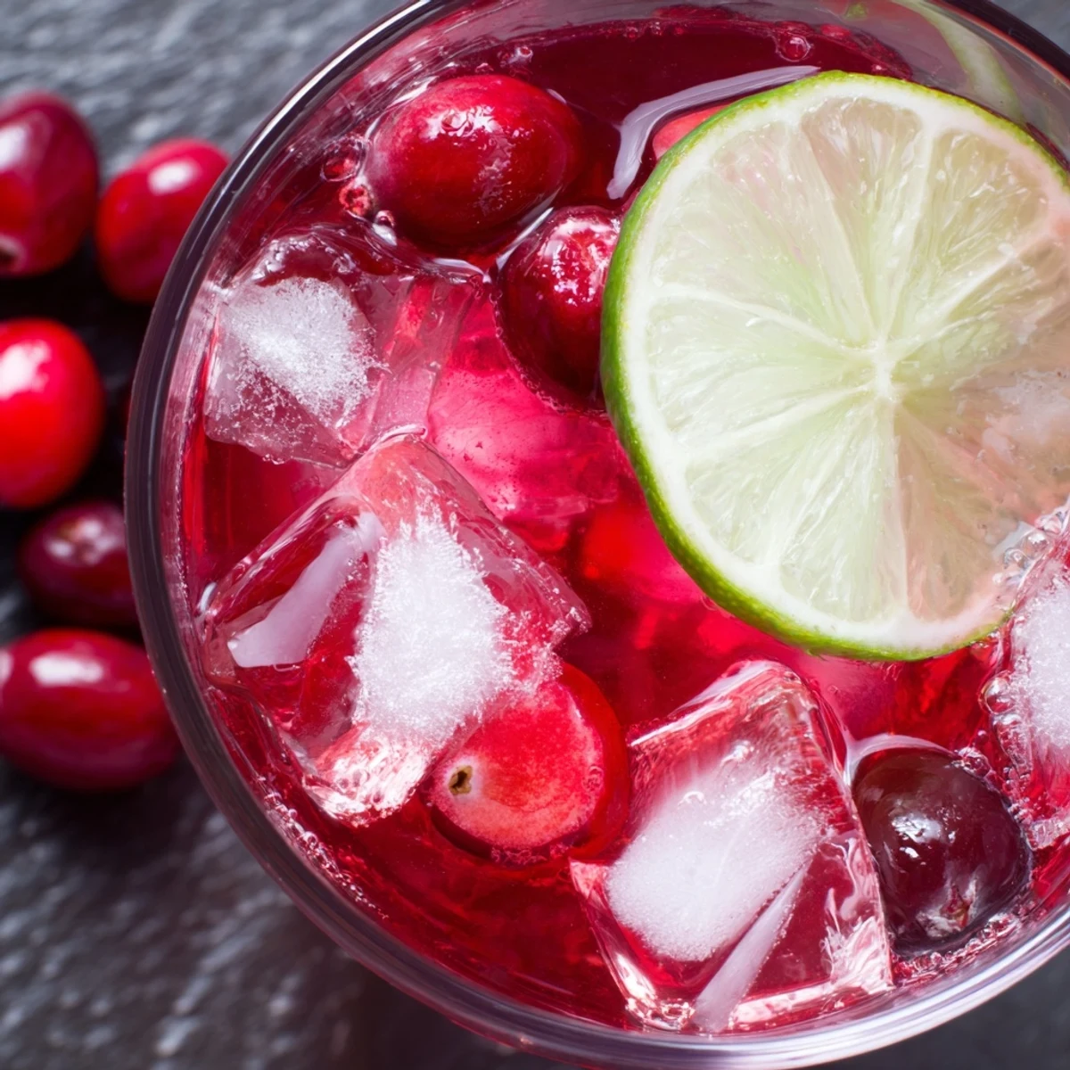 Frosted cocktail glasses hold the reddish-orange Cranberry Cocktail with Juice, garnished with lime and cranberries on a wooden table.