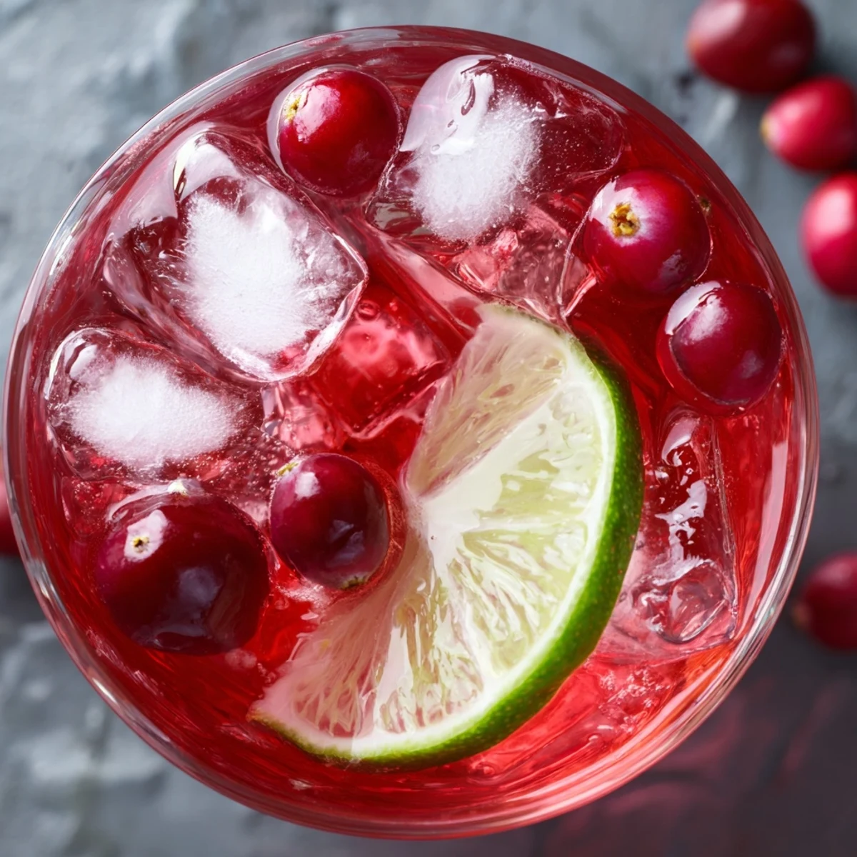 Two vibrant glasses of Cranberry Cocktail with Juice, filled with ice and garnished with lime slices and fresh cranberries.