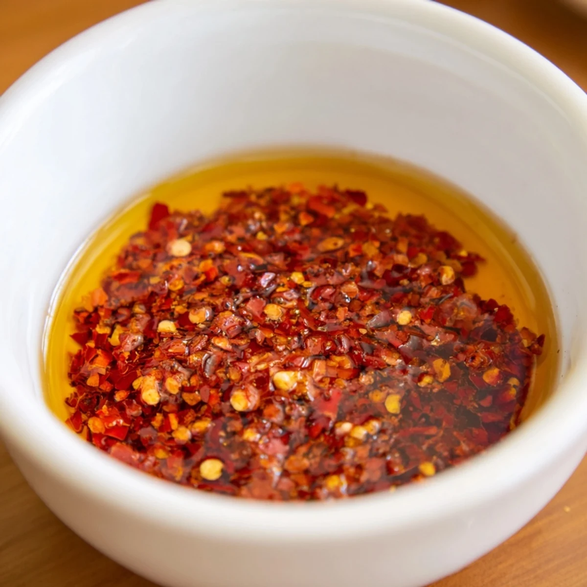 Golden Spiced Chili Oil with toasted aromatics like garlic and star anise, ready to drizzle over steamed dumplings.