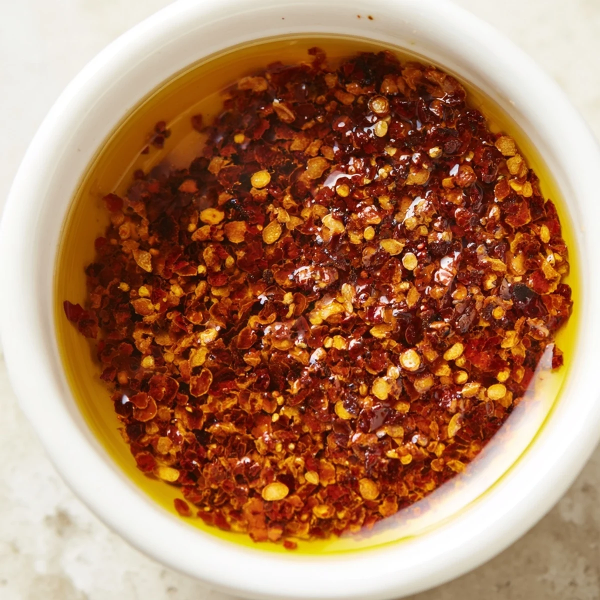 A jar of homemade Spiced Chili Oil glowing red, infused with Sichuan peppercorns for a numbing, savory kick.