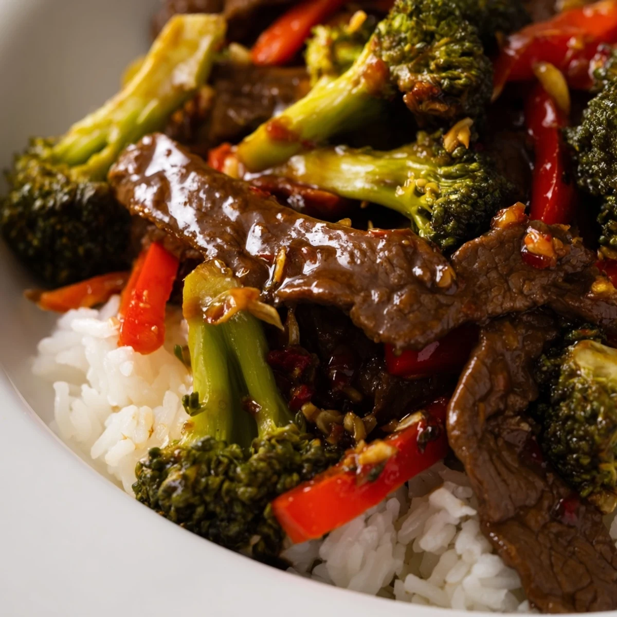 Freshly cooked Spicy Beef Stir Fry with Broccoli featuring tender beef strips and crisp green florets glistening with a glossy, spicy sauce.