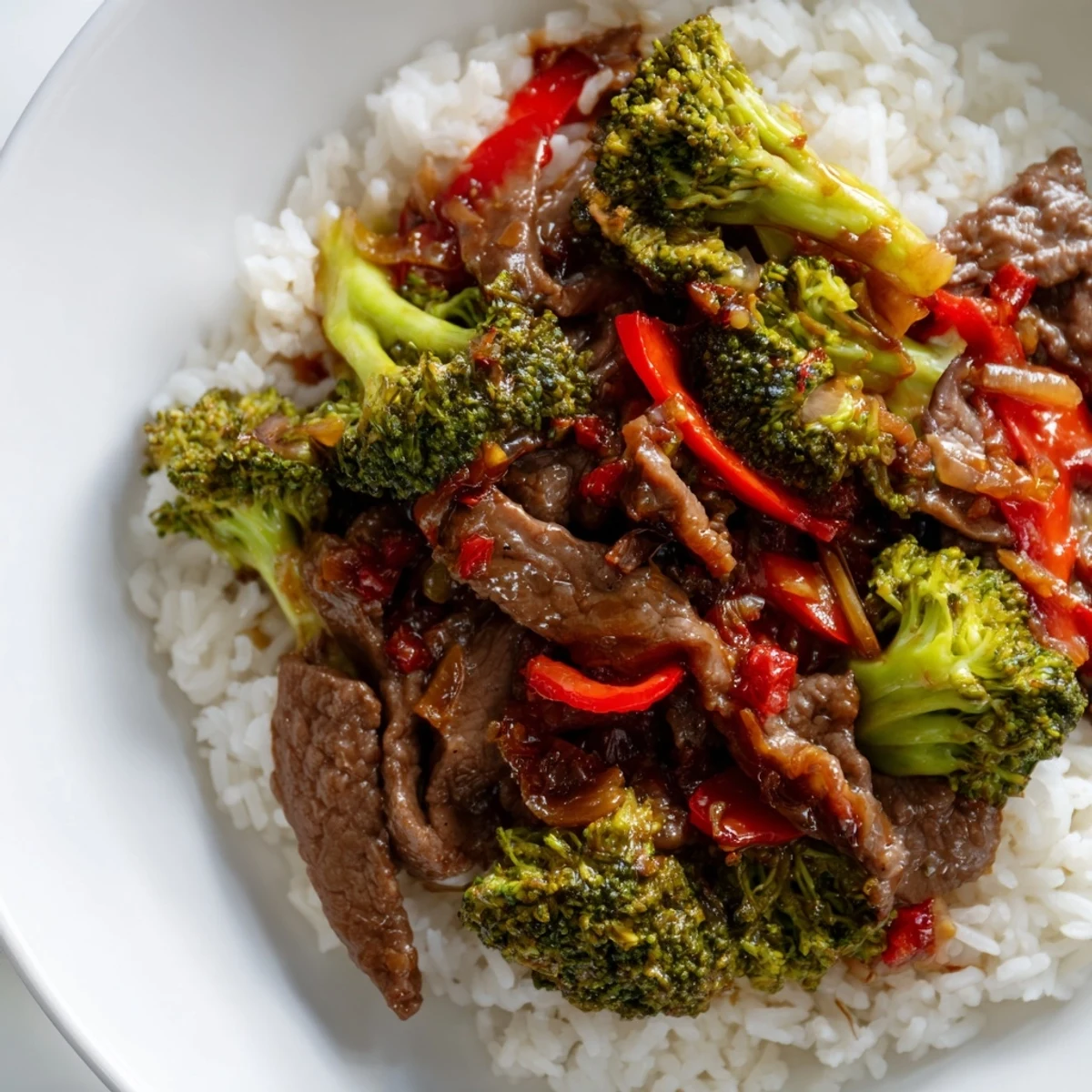 A close-up of Spicy Beef Stir Fry with Broccoli served over fluffy white jasmine rice, garnished with fresh minced garlic and ginger.