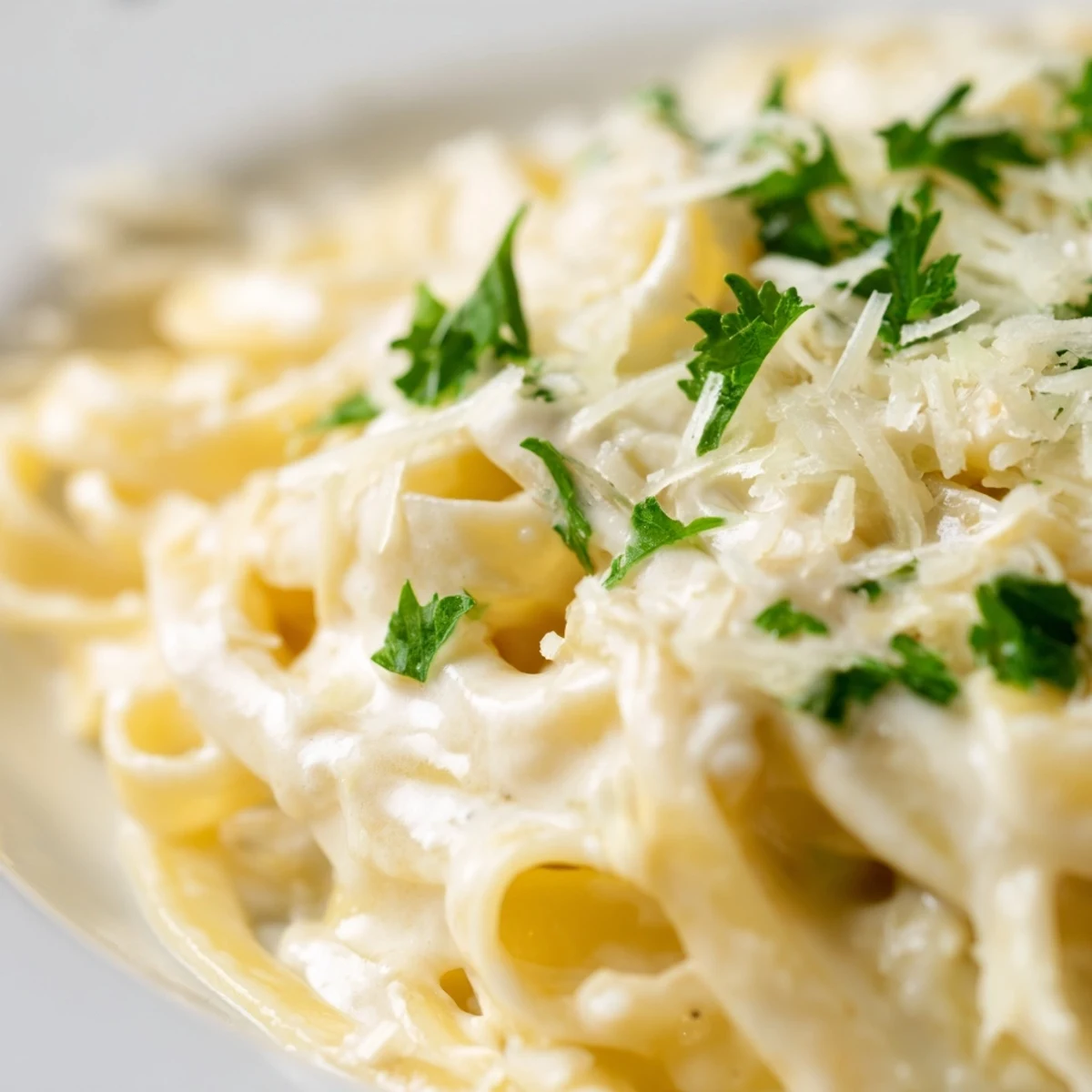 Steaming, creamy Alfredo sauce coats fettuccine pasta in a skillet, garnished with fresh parsley.