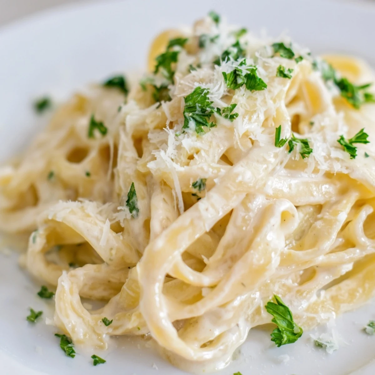 Savory Parmesan Alfredo sauce clings to tender fettuccine, served warm with a sprinkle of green parsley garnish.