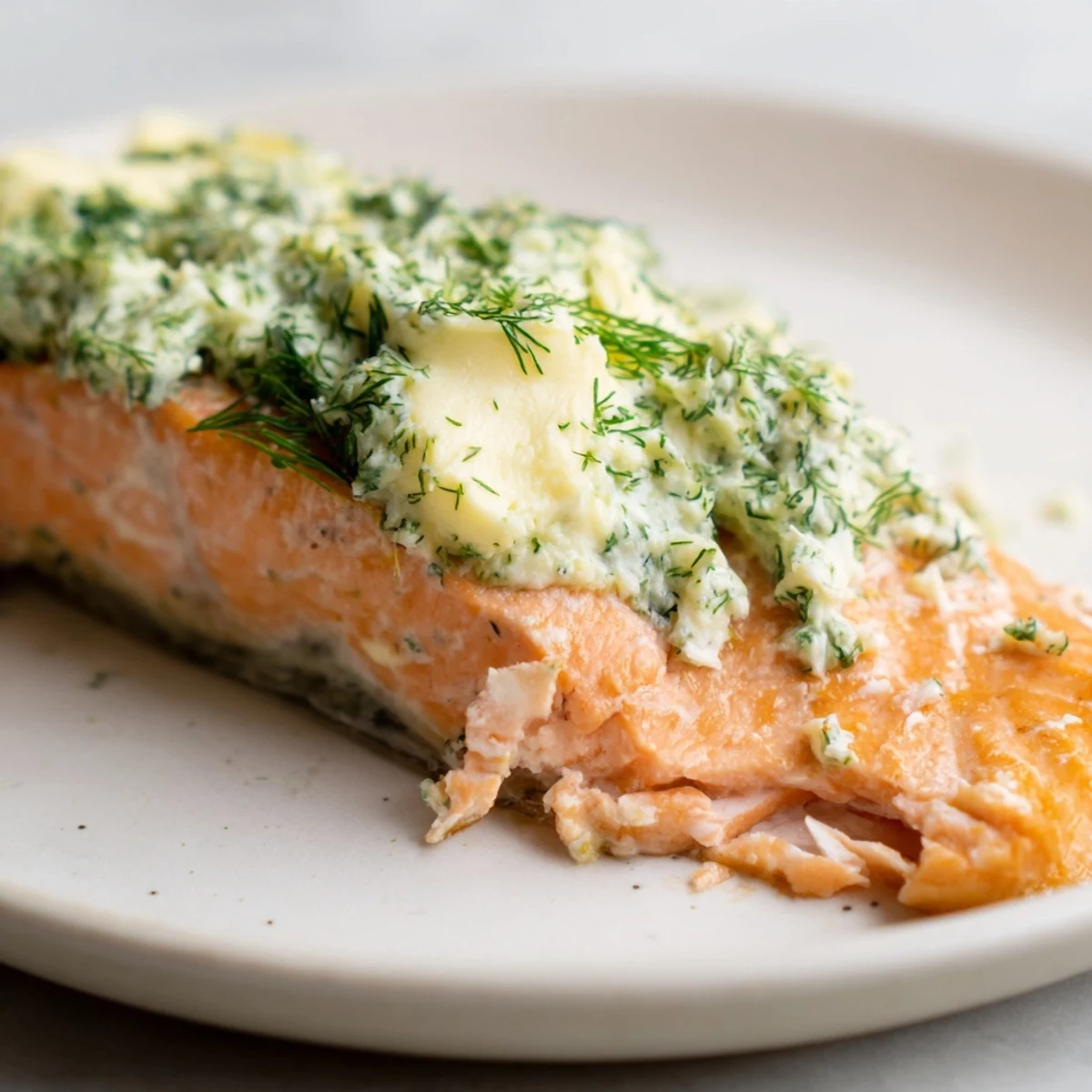 Fork-tender Baked Salmon with Dill Butter is plated alongside bright green asparagus for a complete meal.