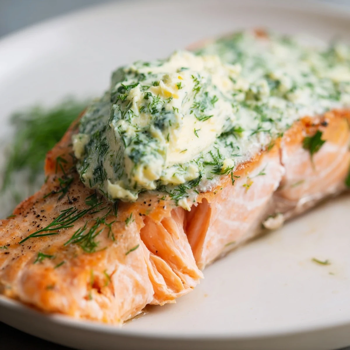 Golden-brown Baked Salmon with Dill Butter sits atop a lemon slice on a baking sheet, steaming gently.
