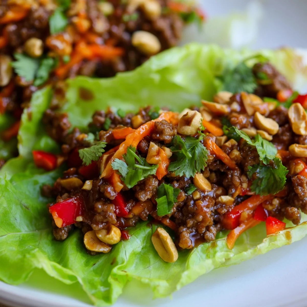 Dairy-free ground beef filling for Beef Lettuce Wraps, featuring sautéed red bell peppers and carrots, ready to be scooped into crunchy lettuce cups.