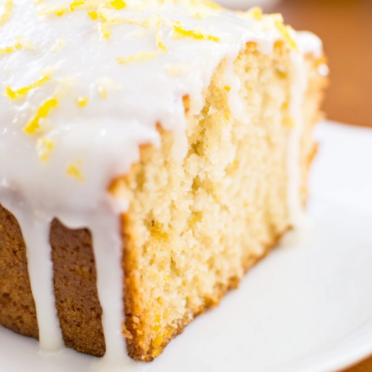 A close-up of a glazed Lemon Loaf, with a moist crumb and bright yellow drizzle on a rustic wood table.