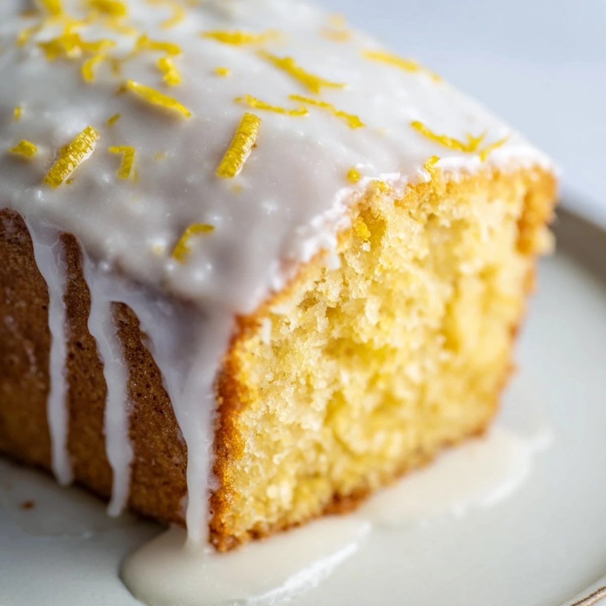 Freshly baked Lemon Loaf cooling on a wire rack, showing off its golden-brown crust and tangy glaze dripping down the sides.