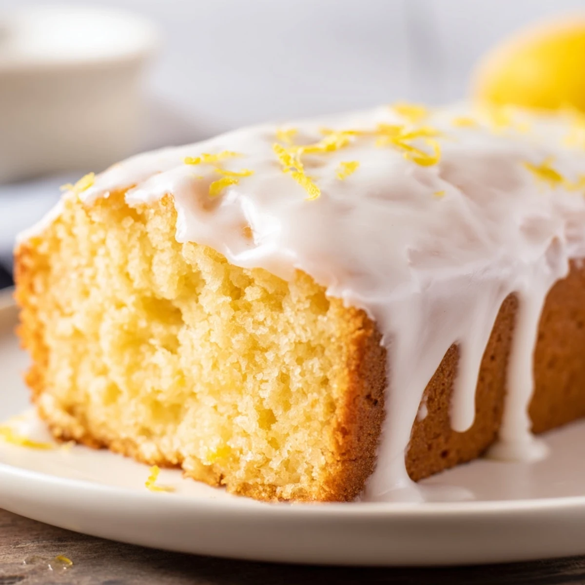 Slices of zesty Lemon Loaf are served on white plates, perfect for breakfast or tea alongside a steaming mug.