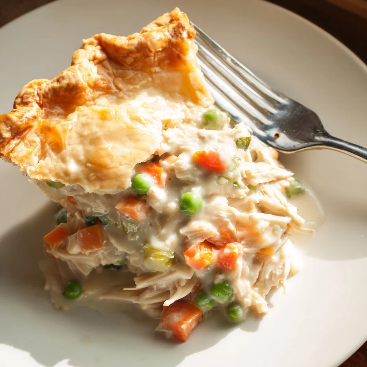 Freshly baked Chicken Pot Pie with Crust emerging from the oven with bubbling gravy peeking through.
