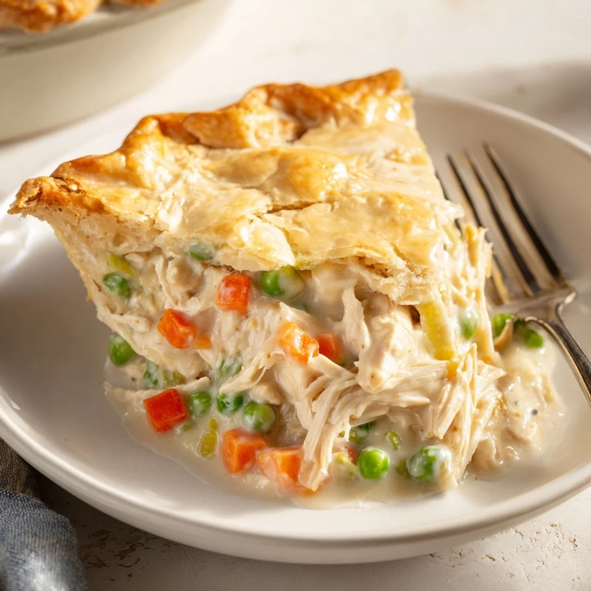 Golden brown Chicken Pot Pie with Crust resting on a rustic wooden table, ready to serve.