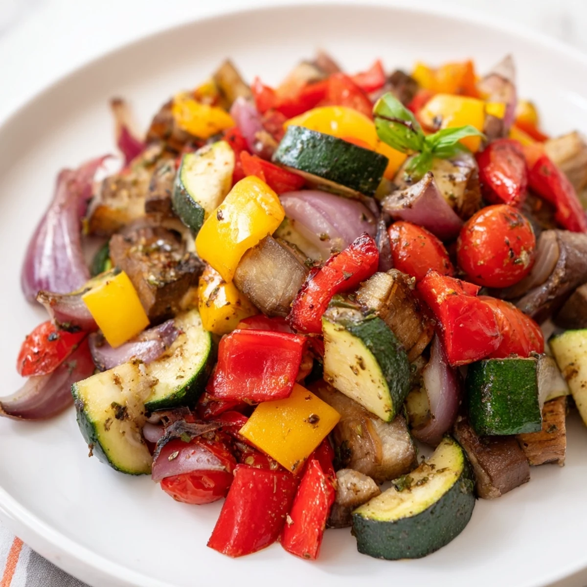 Golden roasted vegetables with Italian herbs on a white platter, topped with fresh basil and balsamic glaze.