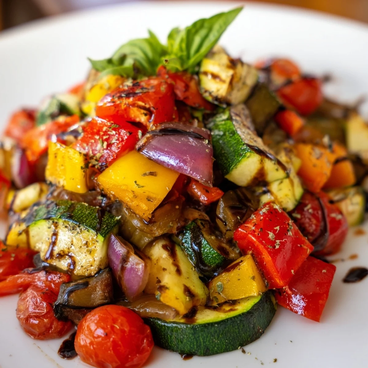 Colorful mix of bell peppers, zucchini, and cherry tomatoes roasted to perfection for a vegan side dish.
