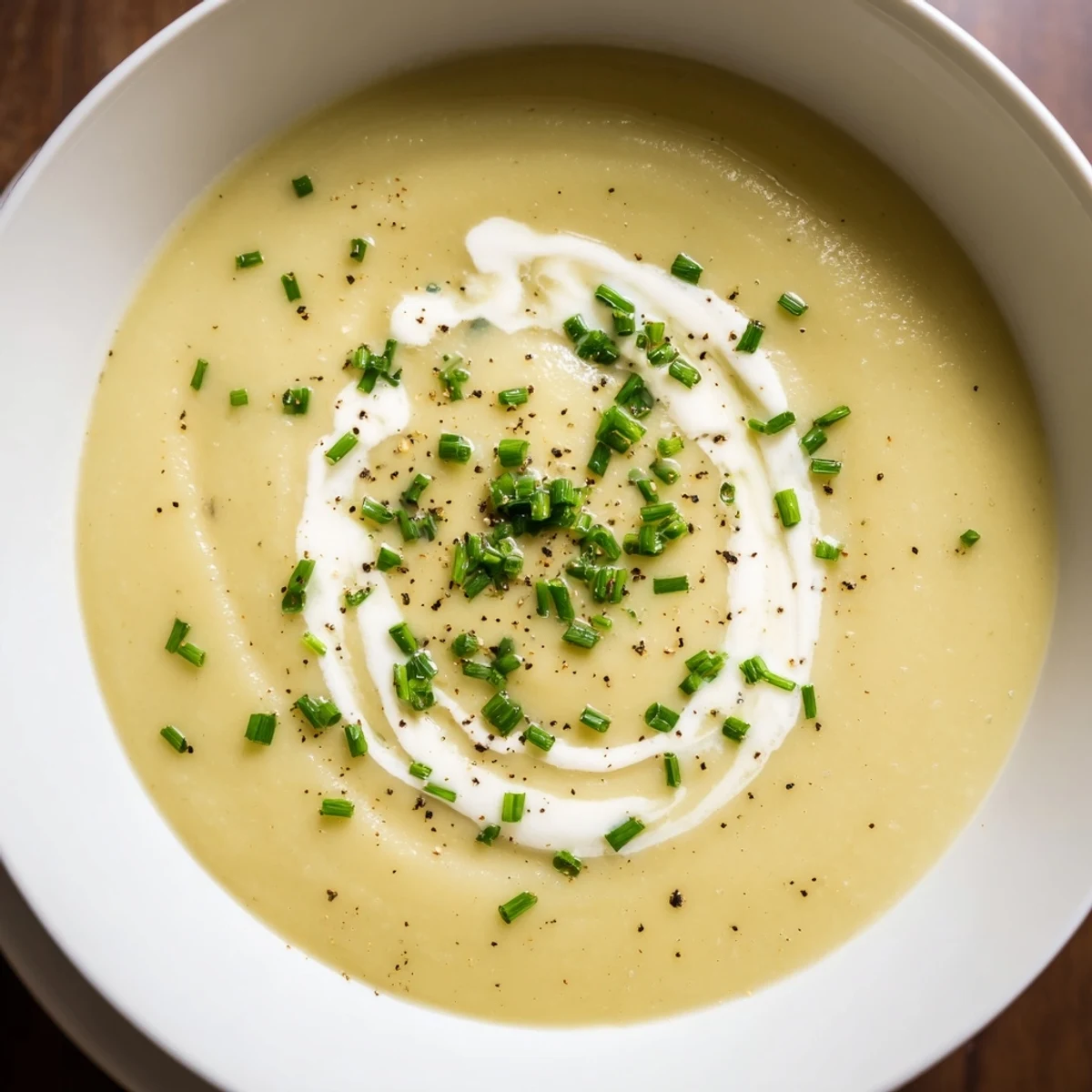 Creamy Leek Soup with Potatoes in a rustic white bowl, garnished with fresh chives and black pepper, steam rising.