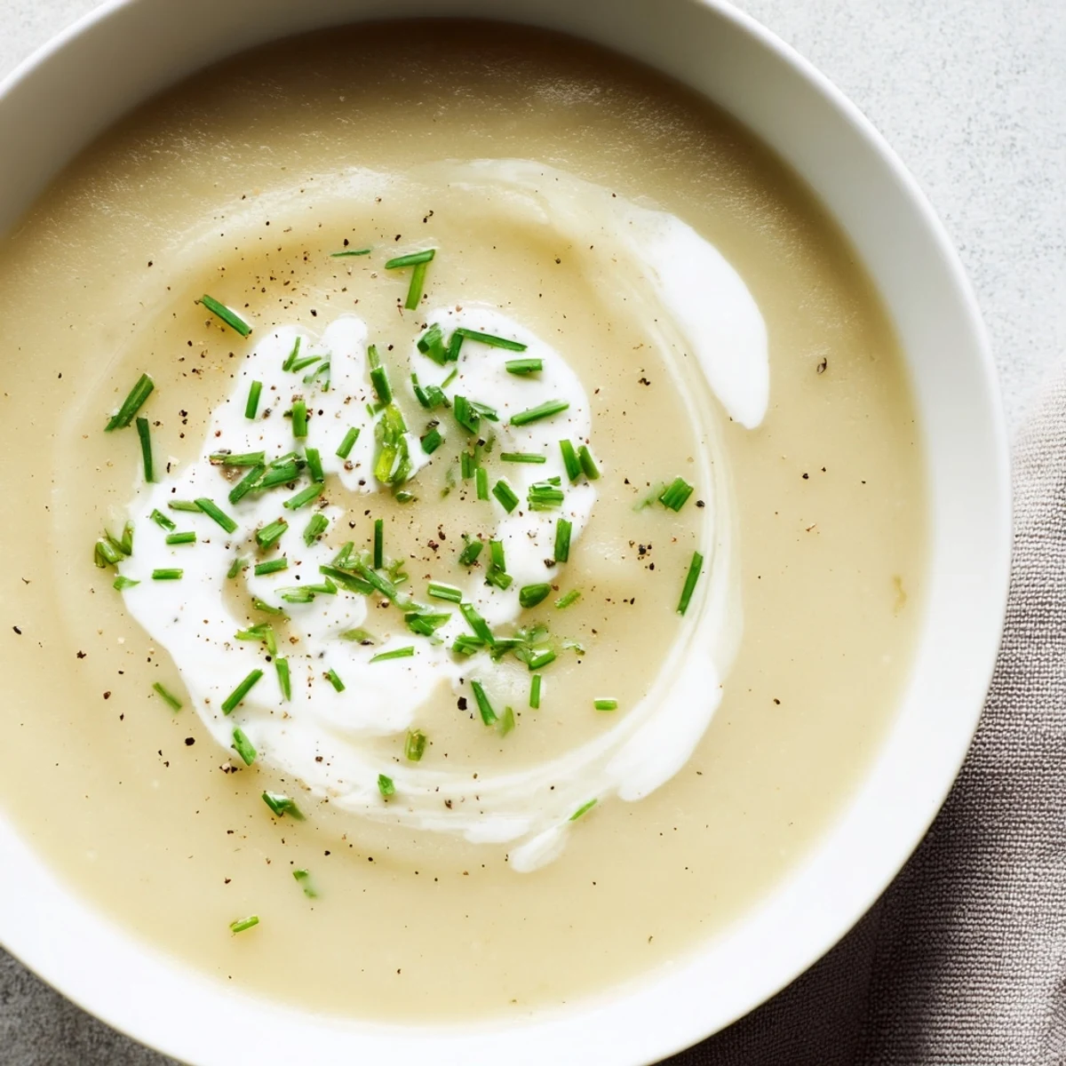 Immersion blender swirling velvety Creamy Leek Soup with Potatoes in a stainless pot, creating a smooth, silky texture.