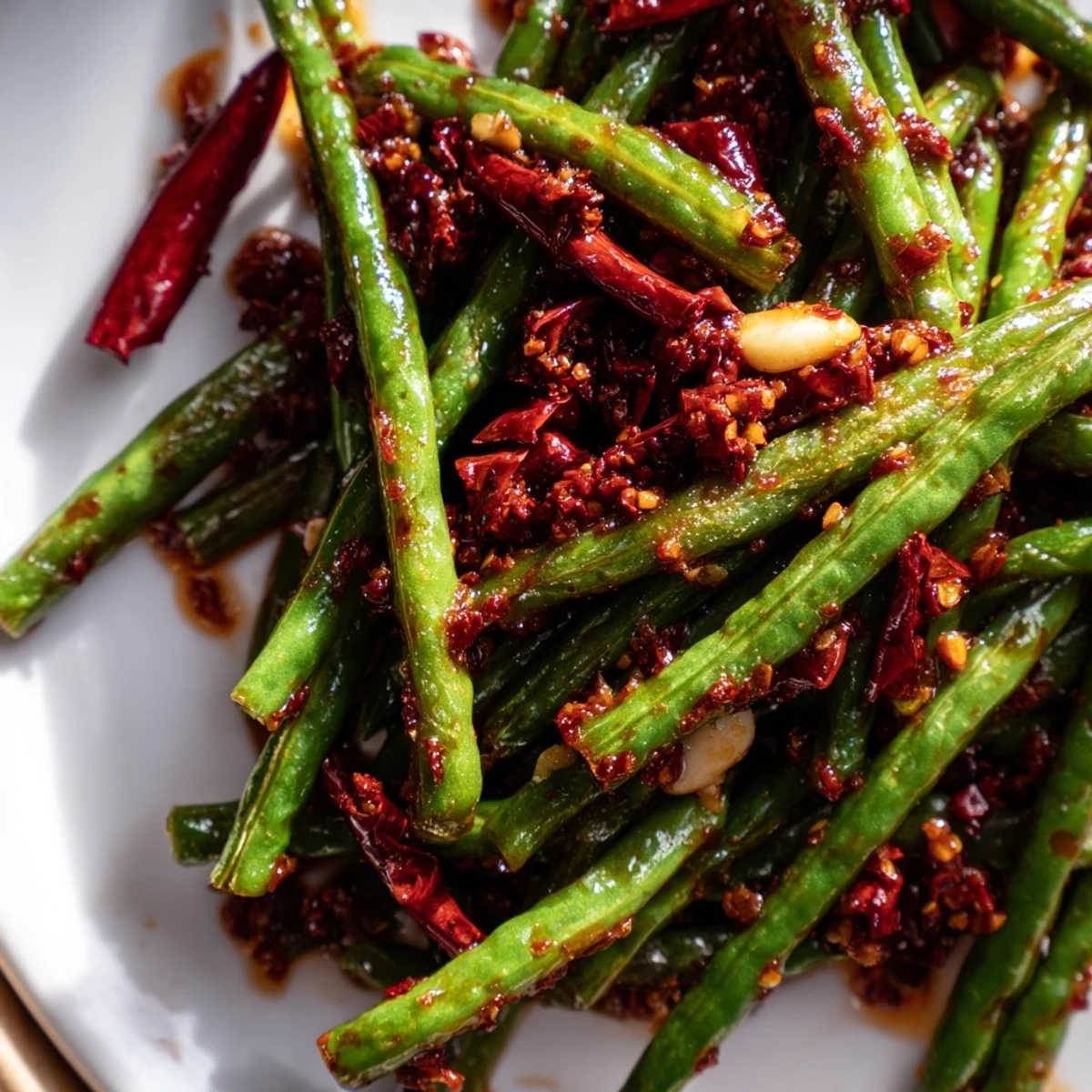 Blistered Spicy Szechuan Green Beans glistening with sauce and sesame seeds served warm.