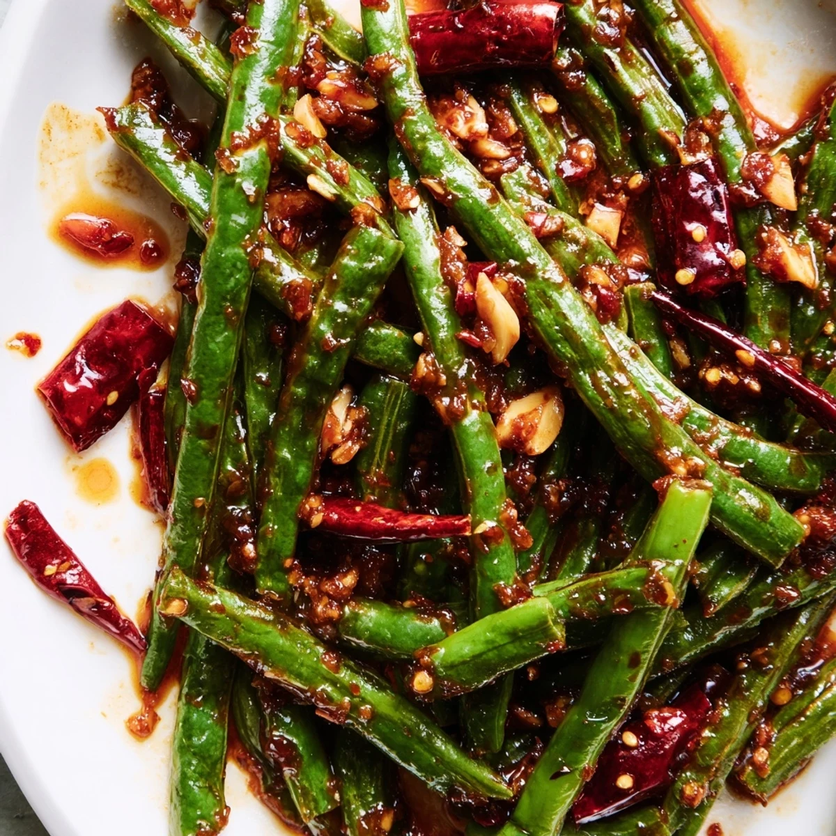Tender-crisp Spicy Szechuan Green Beans tossed with garlic, ginger, and chili flakes beside steamed rice.